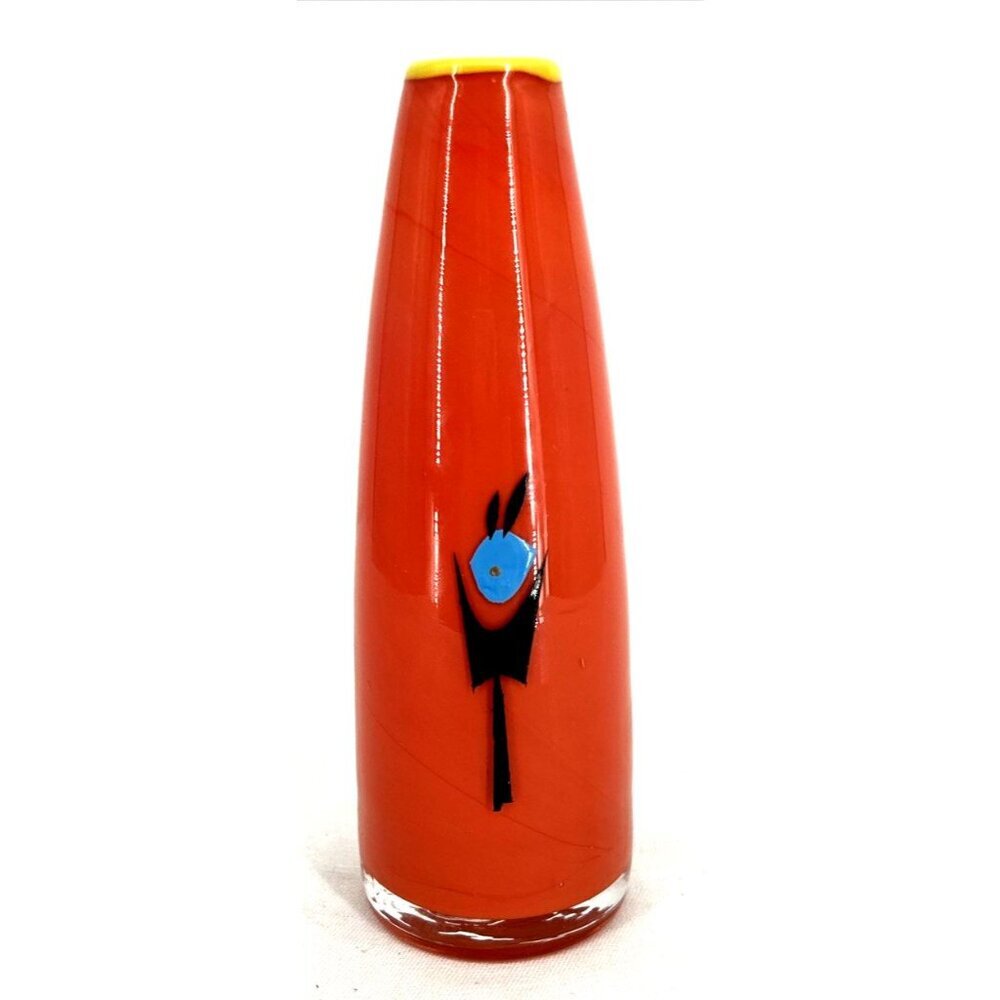 Studio Art Glass Orange Vase Animal Person Modernist Enamel Design 6.5"
